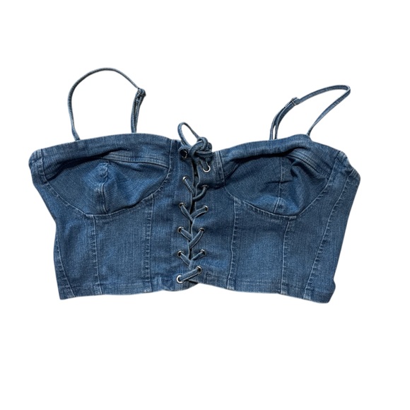 Denim Lace-Up Crop Top - Picture 1 of 3
